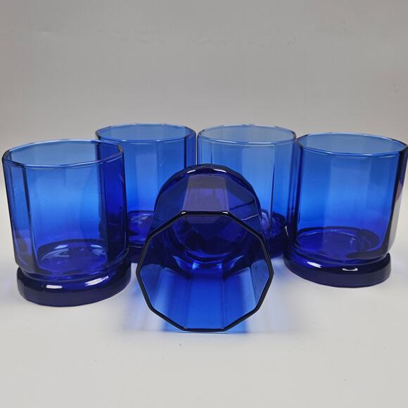 Vintage Anchor Hocking Cobalt Blue Panel Dbl Old Fashioned Glasses 9 oz Tall MCM - Picture 6 of 8